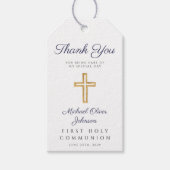 Religieuze Cross Blue Stripes Boy First Community Cadeaulabel (Voorkant)