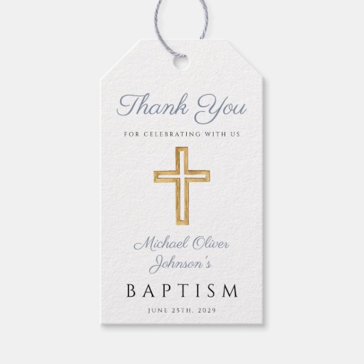 Religieuze Cross Boy Blue Baptisme Cadeaulabel (Voorkant)