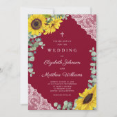 Religieuze Cross Burgundy Lace Sunflower Wedding Kaart (Voorkant)