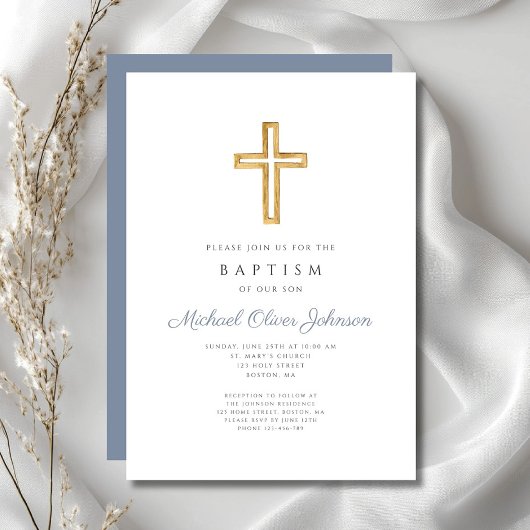 Religieuze Cross Dusty Blue Script Boy Baptisme Kaart