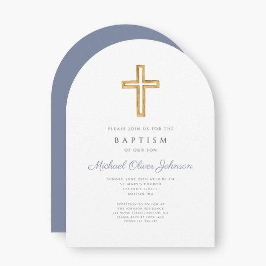 Religieuze Cross Dusty Blue Script Boy Baptisme Kaart