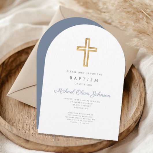 Religieuze Cross Dusty Blue Script Boy Baptisme Kaart