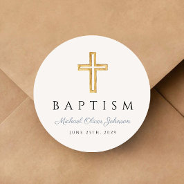 Religieuze Cross Dusty Blue Script Boy Baptisme Ronde Sticker