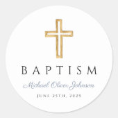 Religieuze Cross Dusty Blue Script Boy Baptisme Ronde Sticker (Voorkant)
