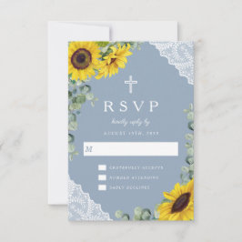 Religieuze Cross Dusty Blue Sunflower Wedding RSVP Kaartje