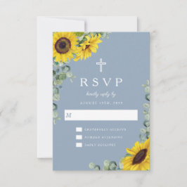 Religieuze Cross Dusty Blue Sunflower Wedding RSVP Kaartje