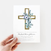 Religieuze Cross Floral Eucalyptus Boy Christening Kaart