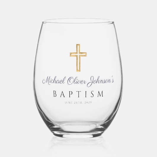 Religieuze Cross Navy Blauw Script Boy Doop Wijnglas Zonder Voet (Voorkant)