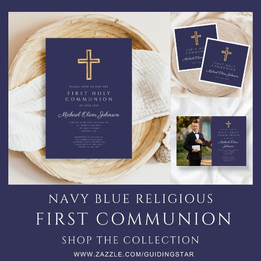 Religieuze Cross Navy Blue Boy First Communie Kaart