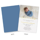 Religieuze Cross Photo Boy Blue Baptism Gold Folie Uitnodiging