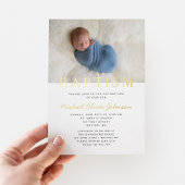 Religieuze Cross Photo Boy Blue Baptism Gold Folie Uitnodiging