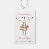 Religieuze Cross-Roze Floral Girl Baptisme Harteli Cadeaulabel (Voorkant)