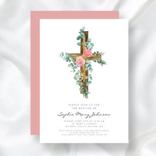 Religieuze Cross-roze Floral Girl Baptisme Kaart