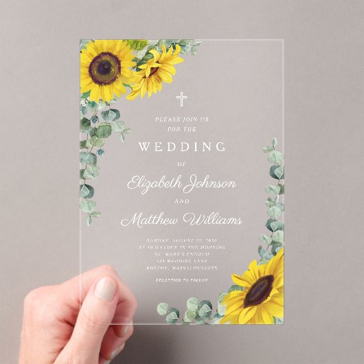 Religieuze Cross Sage Groene Lace Zonnebloem Acryl Uitnodigingen (Insitu (Draagbaar))