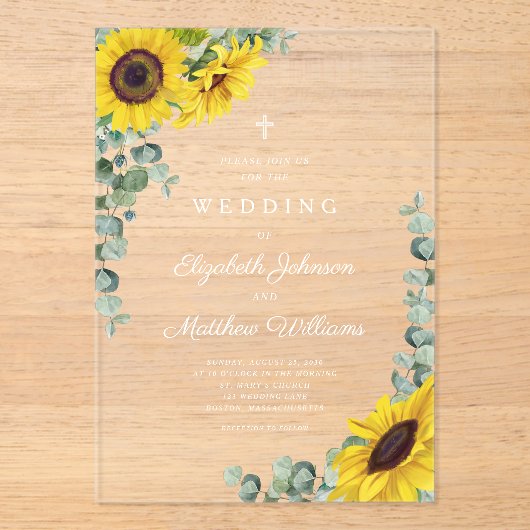 Religieuze Cross Sage Groene Lace Zonnebloem Acryl Uitnodigingen (Voorkant)