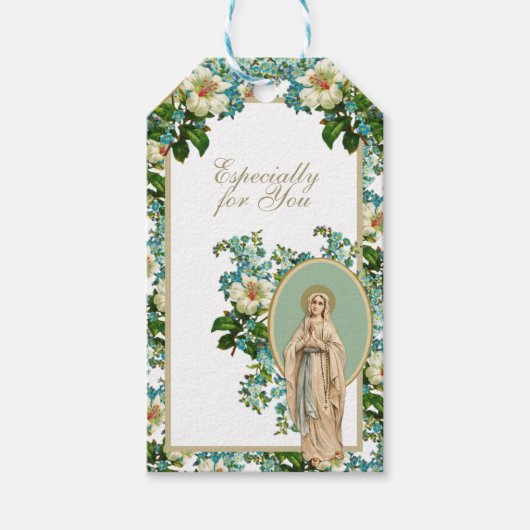 Religieuze dame van Lourdes katholieke Floral Cadeaulabel (Voorkant)