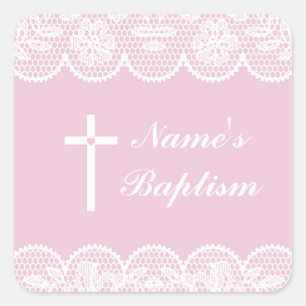 Religieuze doop Naam Stickers Roze kant Labels