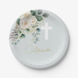 Religieuze Elegante Rozen Green Wash Cross Papieren Bordje