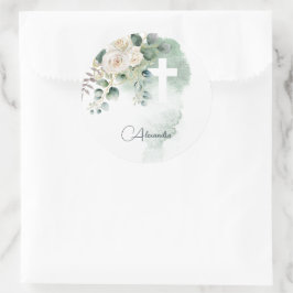 Religieuze Elegante Rozen Green Wash Cross Ronde Sticker