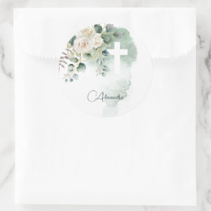 Religieuze Elegante Rozen Green Wash Cross Ronde Sticker