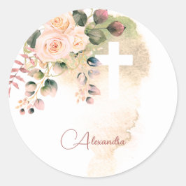 Religieuze Elegante Rozen Pink Wash Cross Ronde Sticker
