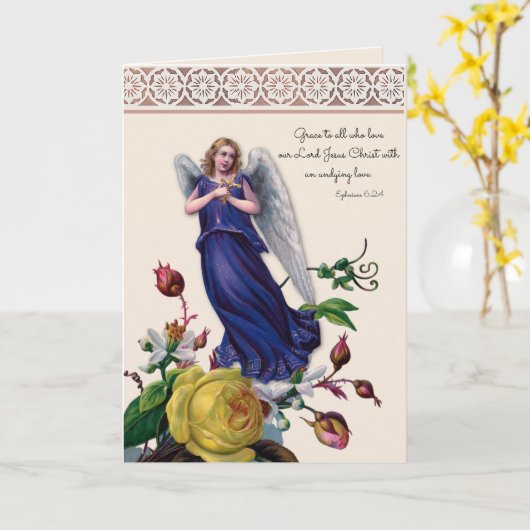 Religieuze Engel met Kruisbeeld Jezus Bloemen Kaart (Gele Bloem)