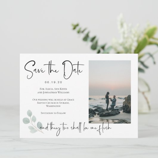 Religieuze Eucalyptus Bewaar de datum Fotokaart Save The Date (Staand voorkant)