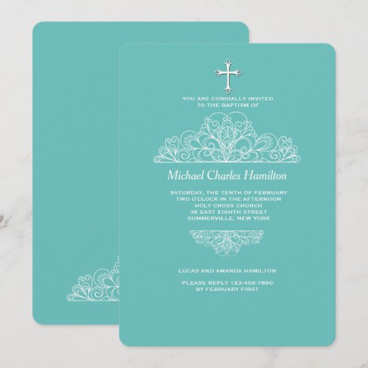 Religieuze Filigree Blauwgroen uitnodiging (Voorkant / Achterkant)