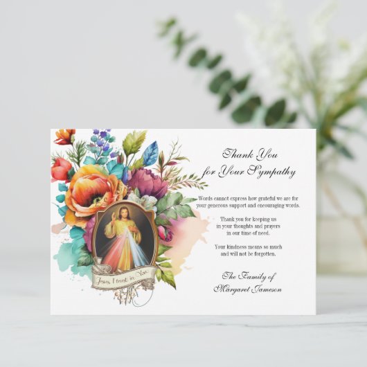 Religieuze Floral Jesus Divine Mercy Condolle Bedankkaart (Staand voorkant)
