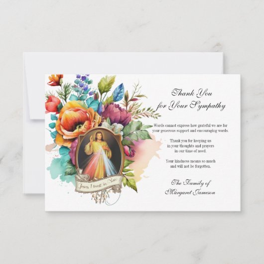 Religieuze Floral Jesus Divine Mercy Condolle Bedankkaart (Voorkant)