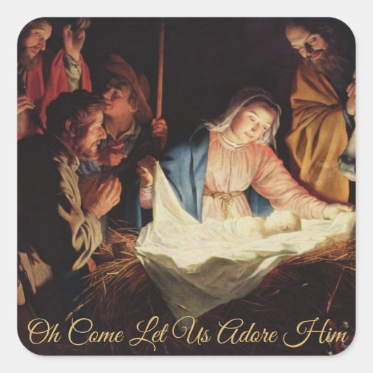 Religieuze Geboorte Goud Script Kerst Kaart Vierkante Sticker (Voorkant)