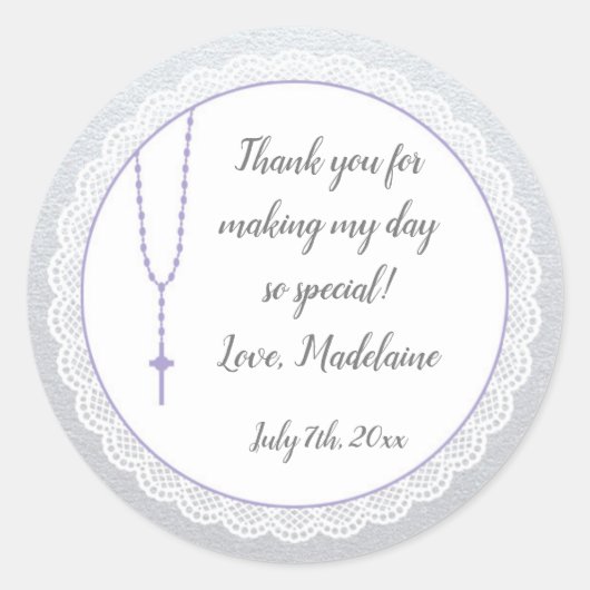 Religieuze Gift Favor Label Meisje Lavendel Rozenk (Voorkant)