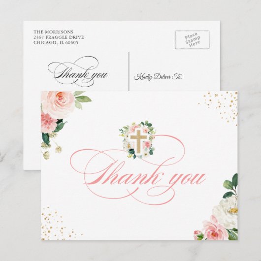 Religieuze Gold Cross Blush Pink Floral Hartelijk  Briefkaart (Voorkant / Achterkant)