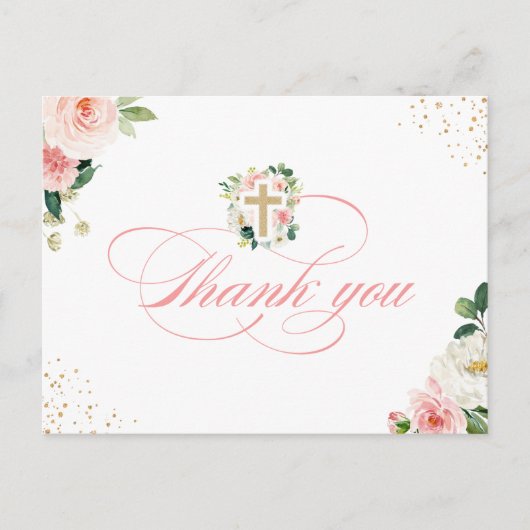 Religieuze Gold Cross Blush Pink Floral Hartelijk  Briefkaart (Voorkant)