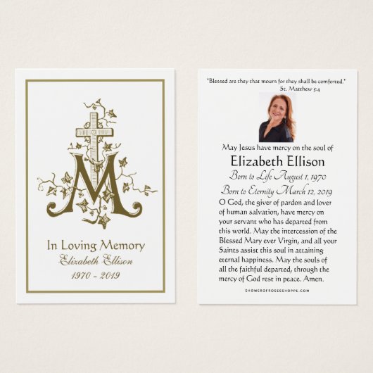 Religieuze Gold Marian Cross Funeral Prayer Visitekaartje (Voorkant /achterkant)