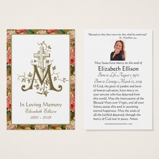 Religieuze Gold Marian Cross Funeral Rozen Visitekaartje (Voorkant /achterkant)