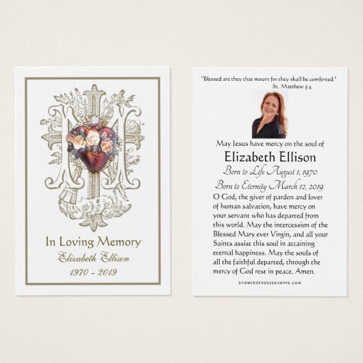 Religieuze Gold Marian Cross Heart Funeral Prayer Visitekaartje (Voorkant /achterkant)