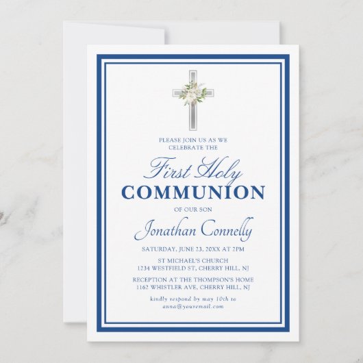 Religieuze jongen Silver Blue First Heilige Commun Kaart (Voorkant)