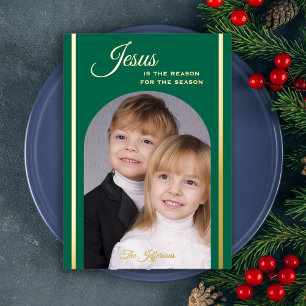 Religieuze Kerst Foto Jezus Smaragd Goud Folie Uitnodiging