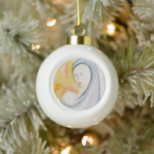 Religieuze Kerst Madonna en Kind Waterverf Keramische Bal Ornament