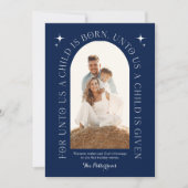 Religieuze kerstfamilie foto minimalistisch blauw feestdagenkaart (Voorkant)