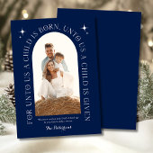 Religieuze kerstfamilie foto minimalistisch blauw feestdagenkaart