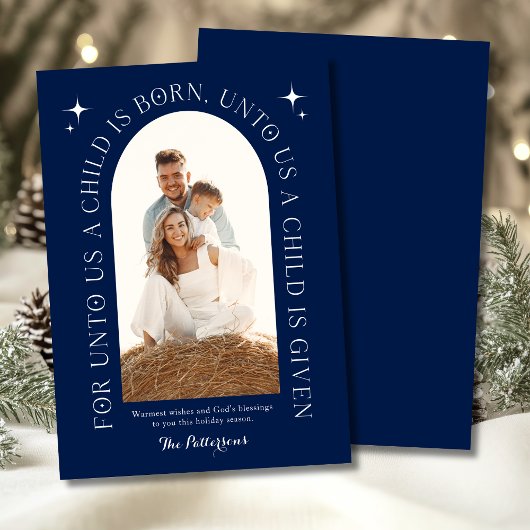 Religieuze kerstfamilie foto minimalistisch blauw feestdagenkaart