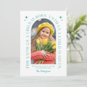 Religieuze kerstfamilie foto minimalistisch feestdagenkaart (Staand voorkant)