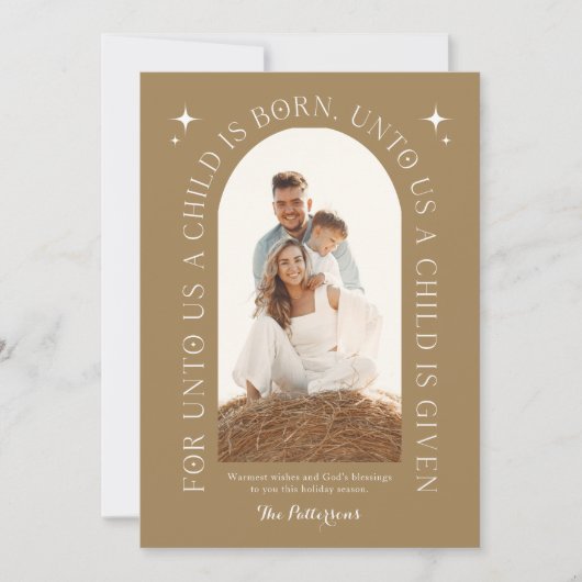 Religieuze kerstfamilie foto minimalistisch goud feestdagenkaart (Voorkant)