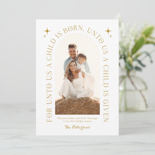 Religieuze kerstfamilie foto minimalistisch goud feestdagenkaart (Staand voorkant)