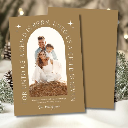 Religieuze kerstfamilie foto minimalistisch goud feestdagenkaart