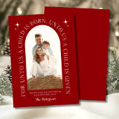 Religieuze kerstfamilie foto minimalistisch rood feestdagenkaart