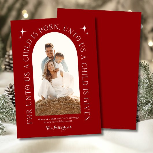 Religieuze kerstfamilie foto minimalistisch rood feestdagenkaart