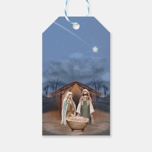 Religieuze kerstfeestscène cadeaulabel (Voorkant)